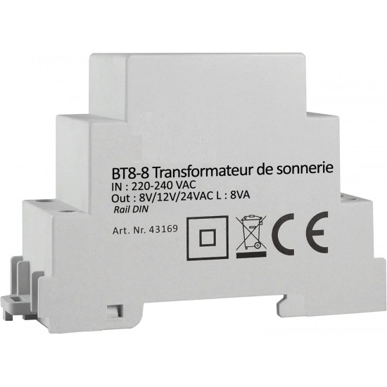 Transformateur de Sonnette Sur rail  BT8-8 Sortie 8V 12V 24V