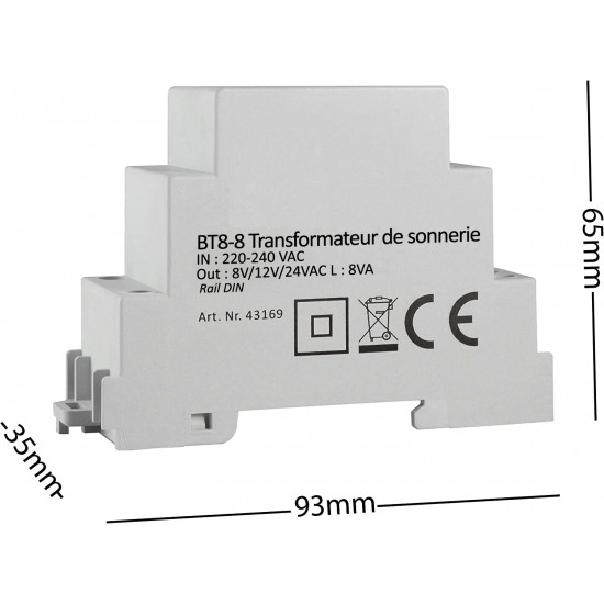 Transformateur de Sonnette Sur rail  BT8-8 Sortie 8V 12V 24V