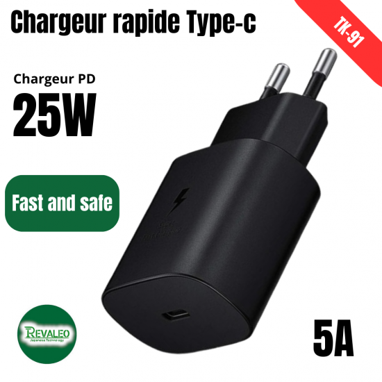 Chargeur super rapide type C pour PD25W REVALEO TK-91 Noir