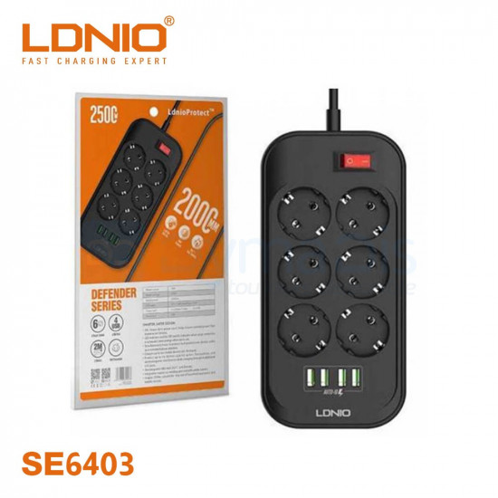 Rallonge Multiprise Ldnio SE6403  6 Prise + 4 Usb 2500 W - Noir