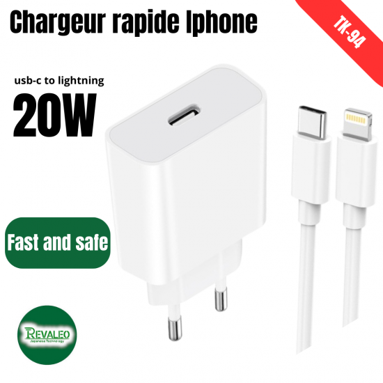 Chargeur Rapide iPhone, 20W  USB-C vers lightning revaleo Tk-94