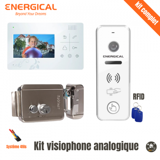 Kit complet visiophone energical 4fils avec écran 3 pouce et sonnette avec lecteur de carte RFID