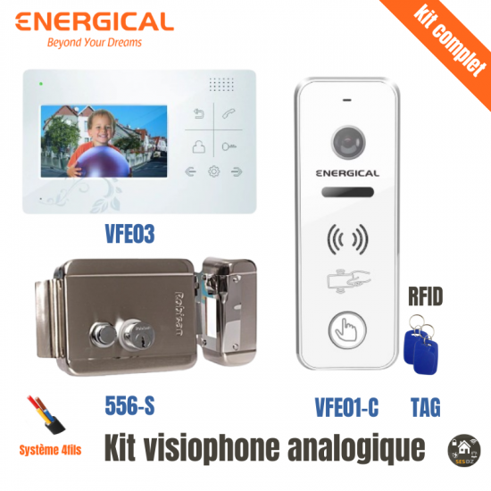 Kit complet visiophone energical 4fils avec écran 3 pouce et sonnette avec lecteur de carte RFID