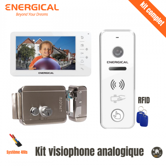 Kit complet visiophone energical 4fils avec écran 7 pouce et sonnette avec lecteur de carte RFID