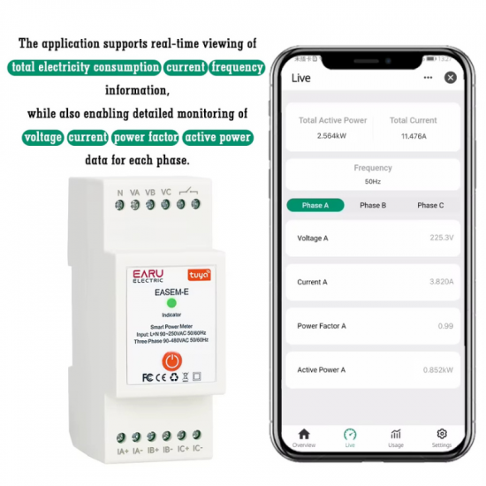 Module de contrôle et mesure puissance à distance wifi industrielle Triphasé  AC90-480V 120A